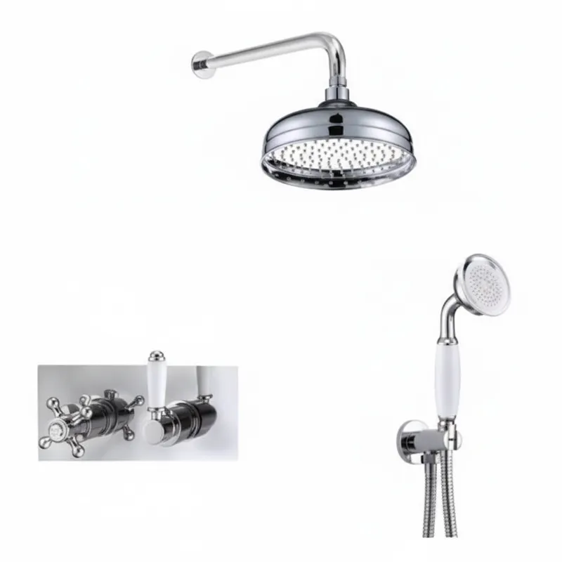 Thermostatic concealed Chrome Plated shower valve one Handle & one Cross Head 2 Outlets, Overhead shower, Wall shower arm, Water outlet with shower bracket, hand shower and hose in Chrome