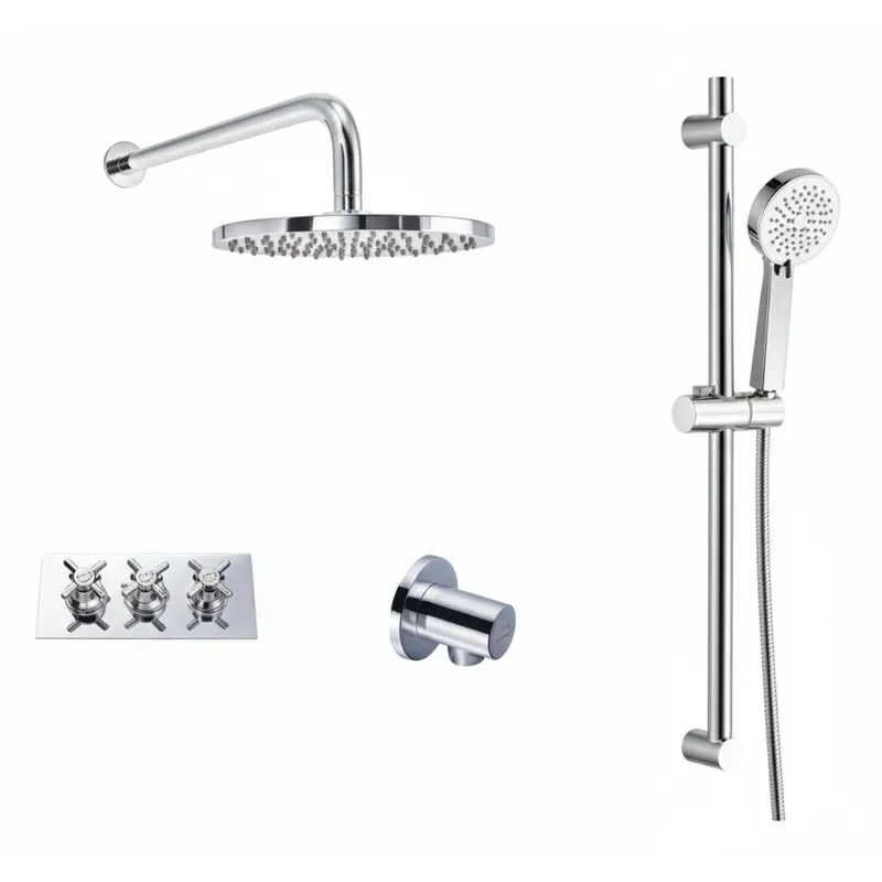 Thermostatic concealed Chrome Plated shower valve Three Cross Head 2 Outlets, Round Overhead shower, Luxury slide rail kit adjustable with Minimalist water outlet elbow in Chrome