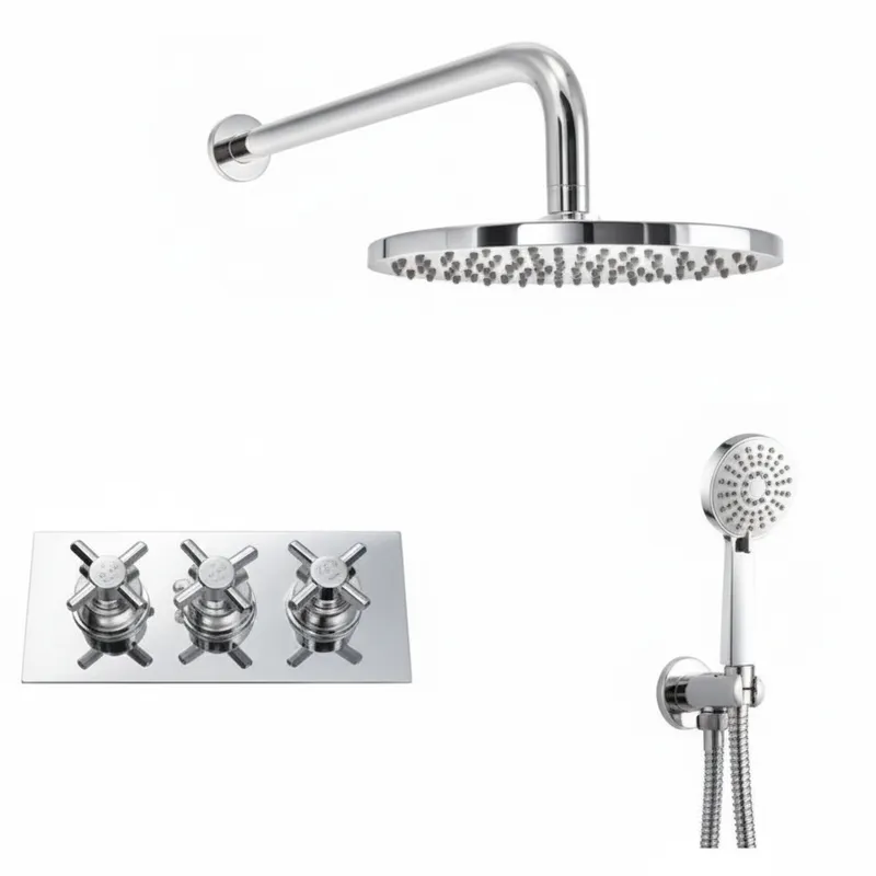 Thermostatic concealed Chrome Plated shower valve Three Cross Head 2 Outlets, Round Overhead shower , Wall shower arm, Water outlet with hand shower and hose in Chrome