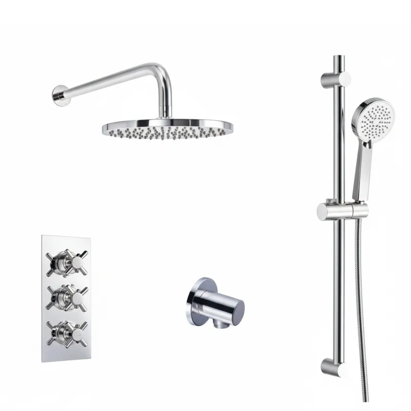 Thermostatic concealed Chrome Plated shower valve Three Cross Head 2 Outlets, Round Overhead shower with Luxury slide rail kit adjustable in Chrome