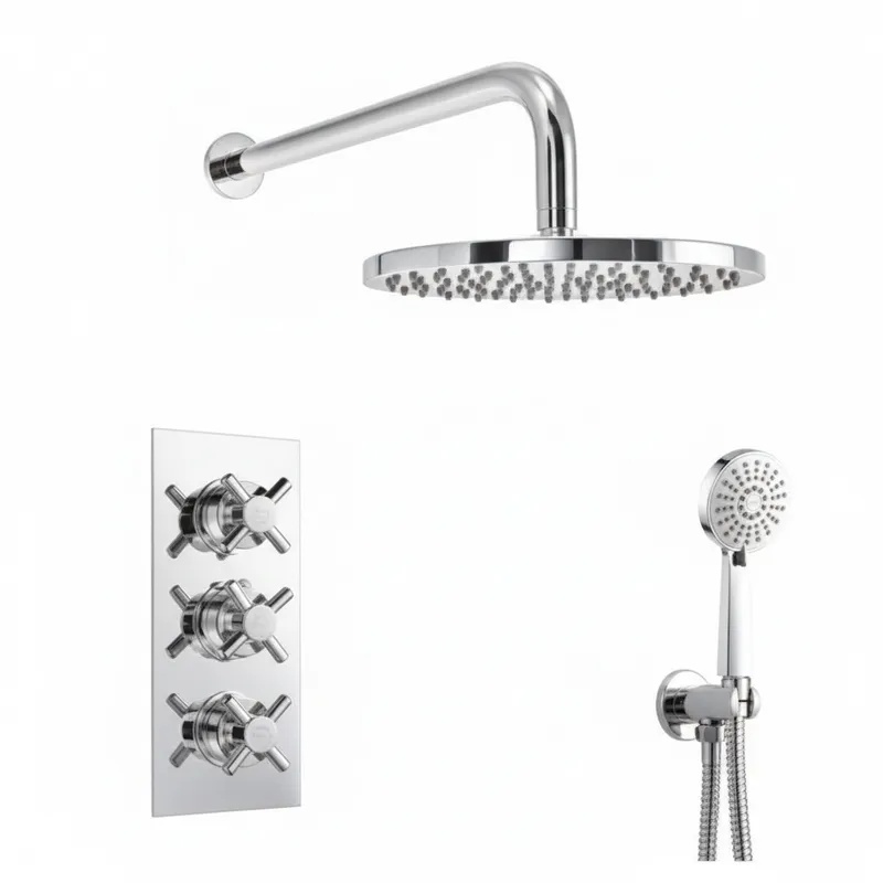 Thermostatic concealed Chrome Plated shower valve Three Cross Head 2 Outlets, Round Overhead , Wall shower arm , Water outlet with shower bracket, hand shower and hose in Chrome