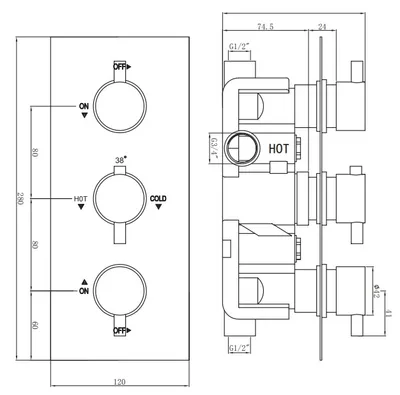 Technical drawing for Thermostatic concealed Chrome Plated shower valve Three Cross Head 2 Outlets, Round Overhead , Wall shower arm , Water outlet with shower bracket, hand shower and hose