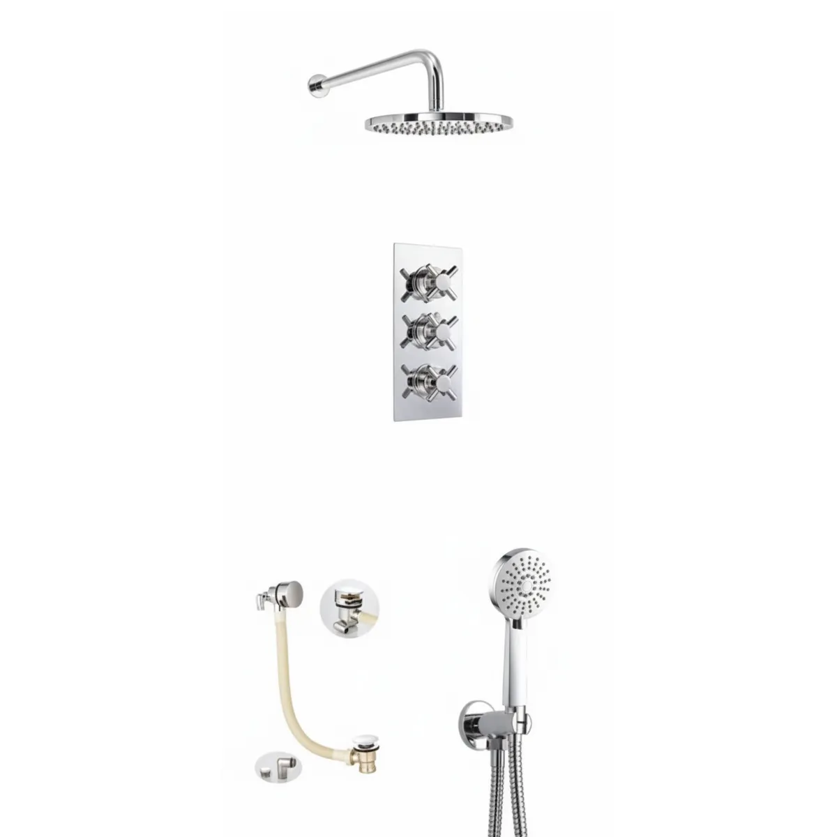 Thermostatic concealed Chrome Plated shower valve Three Cross Head 3 Outlets, Round Overhead shower, Slimline Bath filler with clicker waste, Water outlet with shower bracket in Chrome