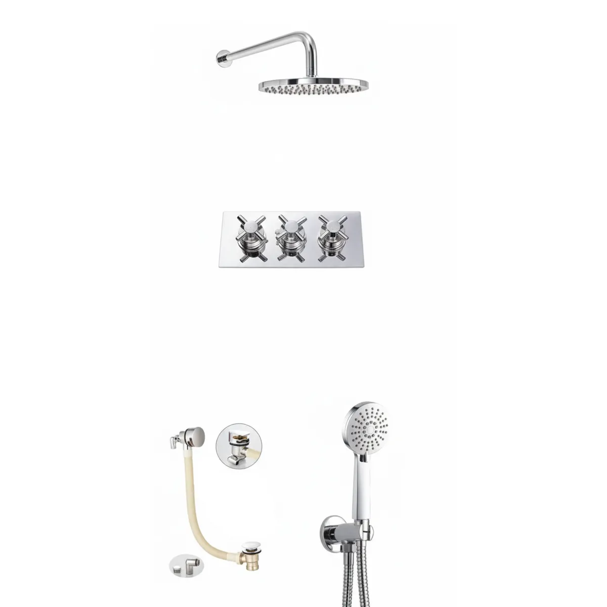 Thermostatic concealed Chrome Plated shower valve Three Cross Head 3 Outlets, Round Overhead shower, Wall shower arm, Slimline Bath filler with clicker waste, Water outlet with shower bracket in Chrome