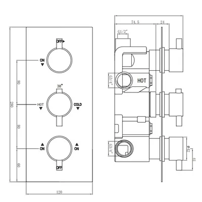 Technical drawing for Thermostatic concealed Chrome Plated shower valve Three Cross Head 3 Outlets, Round Overhead shower, Wall shower arm, Slimline Bath filler with clicker waste, Water outlet with shower bracket