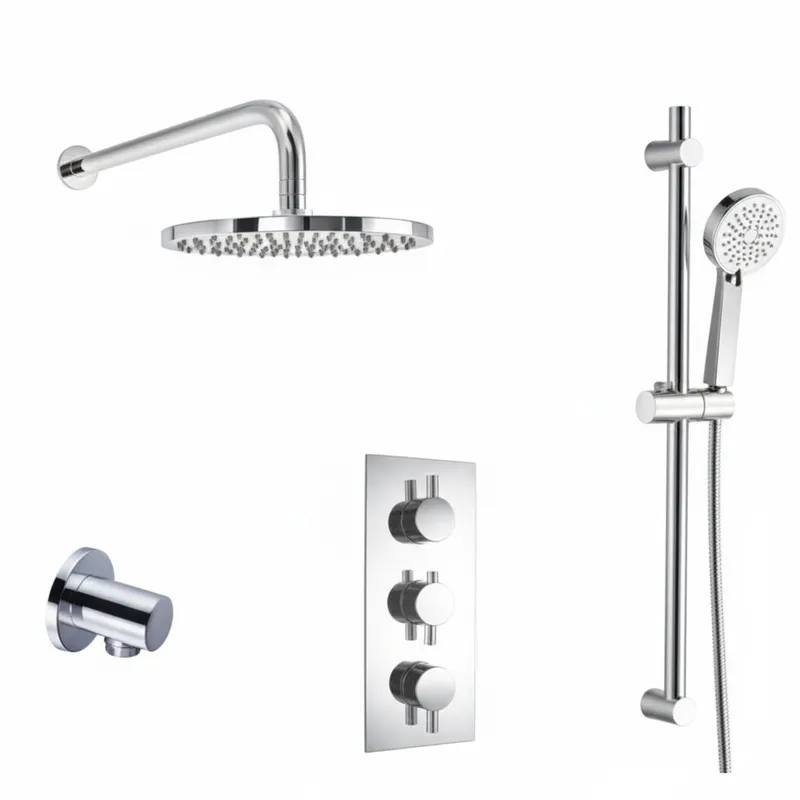 Thermostatic concealed Chrome Plated shower valve Three Knobs 2 Outlets, Overhead shower, shower arm , Luxury slide rail kit adjustable, outlet elbow in Chrome