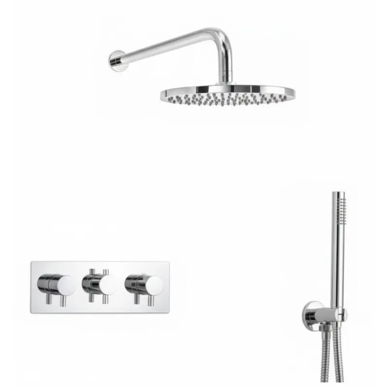 Thermostatic concealed Chrome Plated shower valve Three Knobs 2 Outlets, Overhead shower, shower arm, outlet with hand shower and hose in Chrome