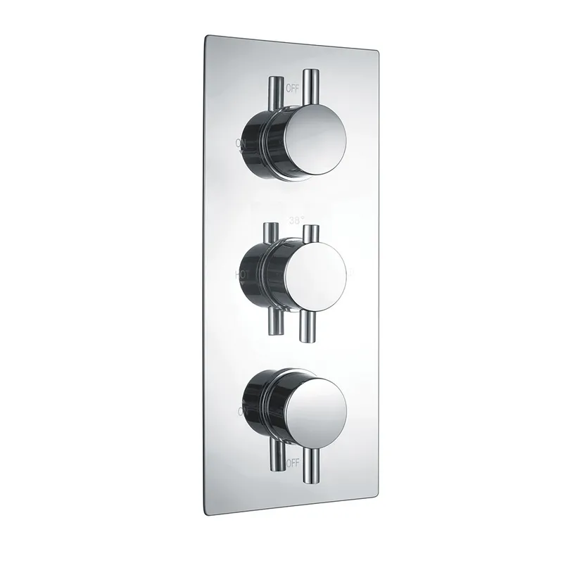Thermostatic concealed Chrome Plated shower valve Three Knobs 2 Outlets, Overhead shower, shower arm, outlet with hand shower and hose in Chrome - photograph 2