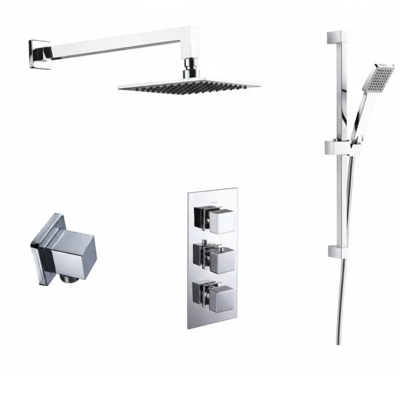 Thermostatic concealed Chrome Plated shower valve Three Knobs 2 Outlets, Overhead shower , shower arm, Slide rail kit, Water outlet elbow in Chrome
