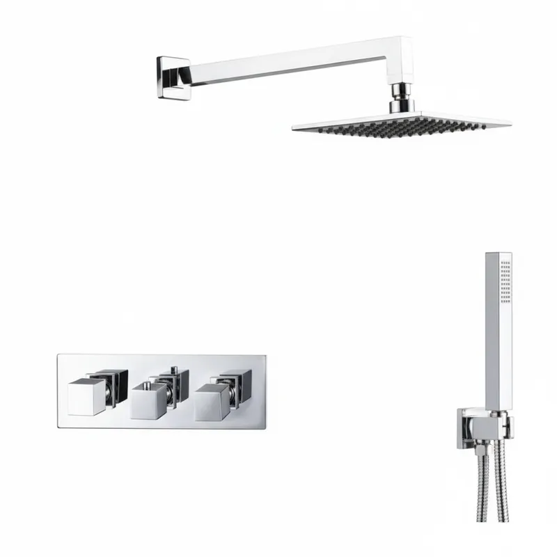 Thermostatic concealed Chrome Plated shower valve Three Knobs 2 Outlets, Overhead shower, Wall shower arm, hand shower and hose in Chrome