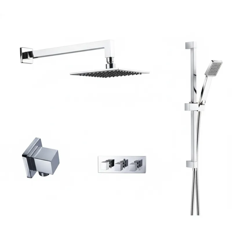 Thermostatic concealed Chrome Plated shower valve Three Knobs 2 Outlets, Overhead shower, Wall shower arm , Slide rail kit in Chrome