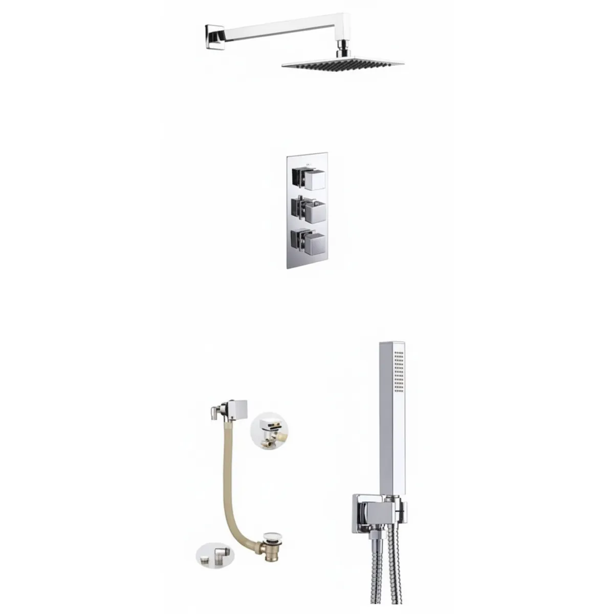 Thermostatic concealed Chrome Plated shower valve Three Knobs 3 Outlets, Overhead shower, Bath filler with clicker waste & hand shower. in Chrome