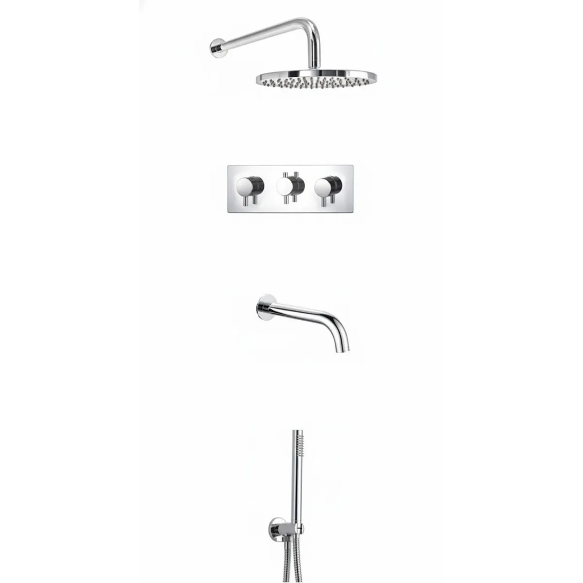 Thermostatic concealed Chrome Plated shower valve Three Knobs 3 Outlets, Overhead shower & hand shower and hose in Chrome