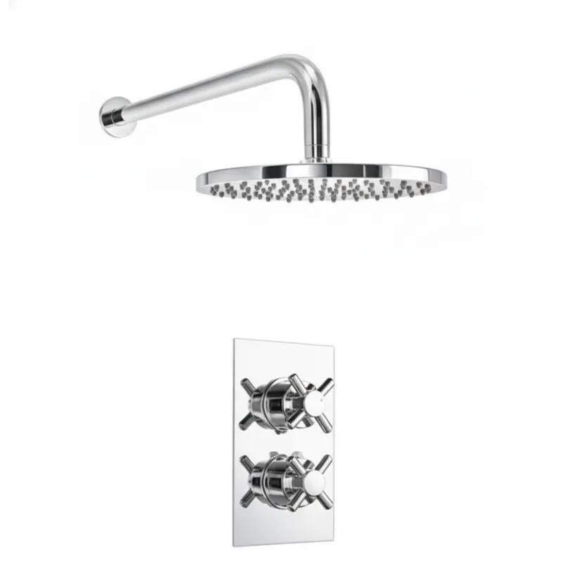 Thermostatic concealed Chrome Plated shower valve Two Cross Head 1 Outlets, Round Overhead shower with Round Wall shower arm in Chrome