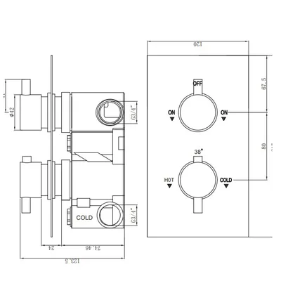 Technical drawing for Thermostatic concealed Chrome Plated shower valve Two Cross Head 1 Outlets, Round Overhead shower with Round Wall shower arm