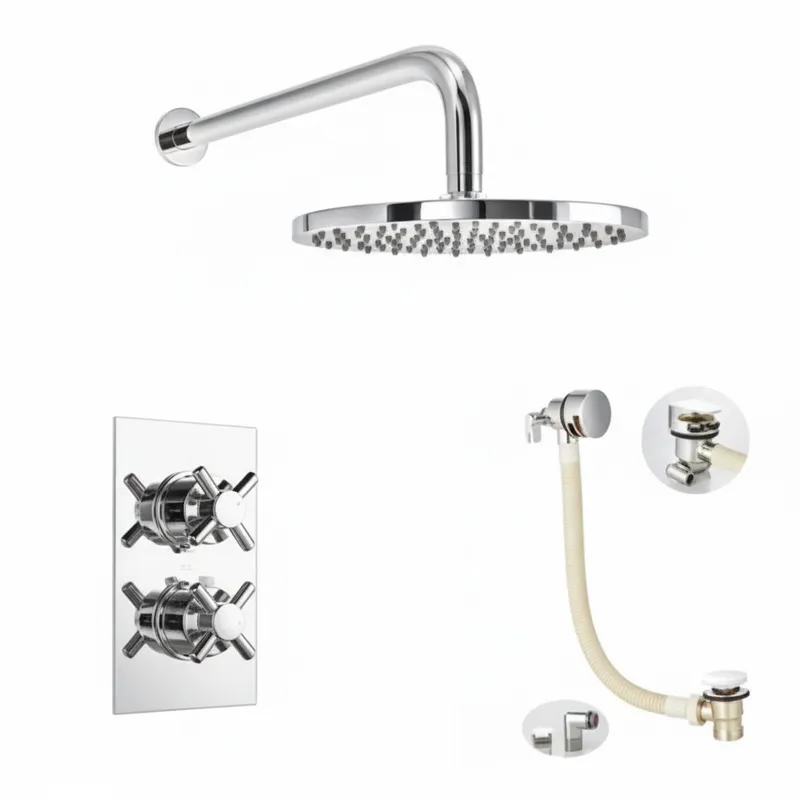 Thermostatic concealed Chrome Plated shower valve Two Cross Head 2 Outlets, Round Overhead shower 200X200mm, Slimline Bath filler with clicker waste in Chrome