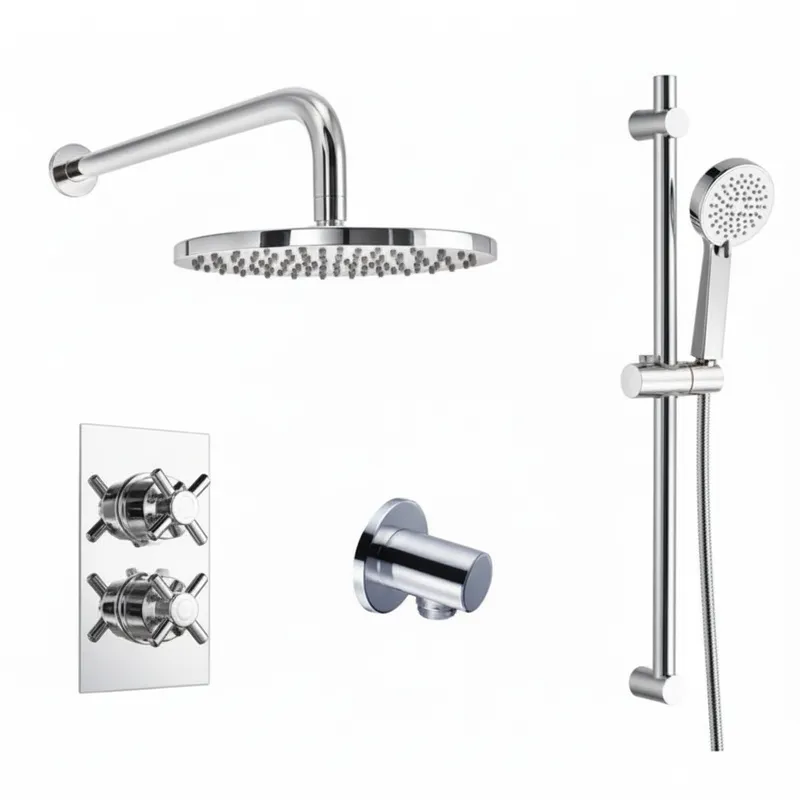 Thermostatic concealed Chrome Plated shower valve Two Cross Head 2 Outlets, Round Overhead shower Luxury slide rail kit adjustable with Wall shower arm in Chrome