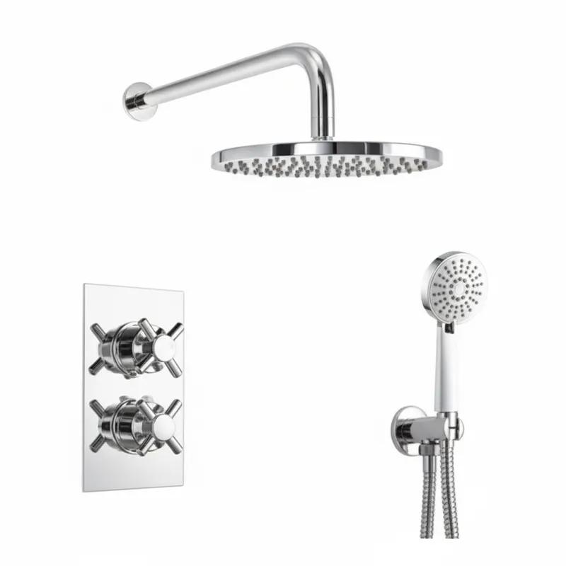 Thermostatic concealed Chrome Plated shower valve Two Cross Head 2 Outlets, Round Overhead shower, Round Wall shower arm & hand shower and hose in Chrome