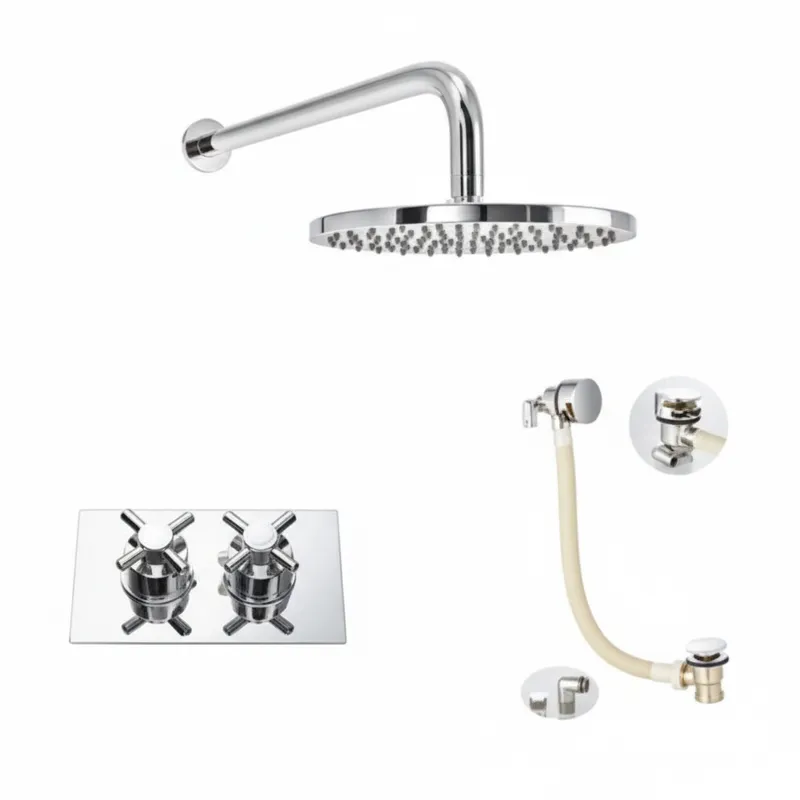 Thermostatic concealed Chrome Plated shower valve Two Cross Head 2 Outlets, Round Overhead shower, Wall shower arm , Slimline Bath filler with clicker waste in Chrome