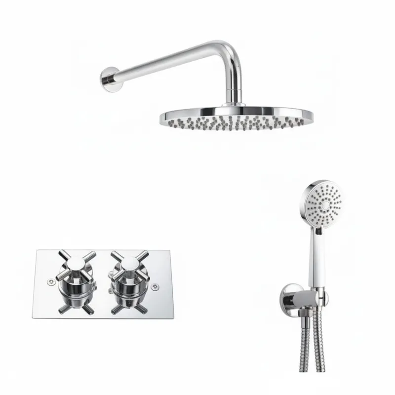 Thermostatic concealed Chrome Plated shower valve Two Cross Head 2 Outlets, Round Overhead shower, Wall shower arm, Water outlet with hand shower in Chrome