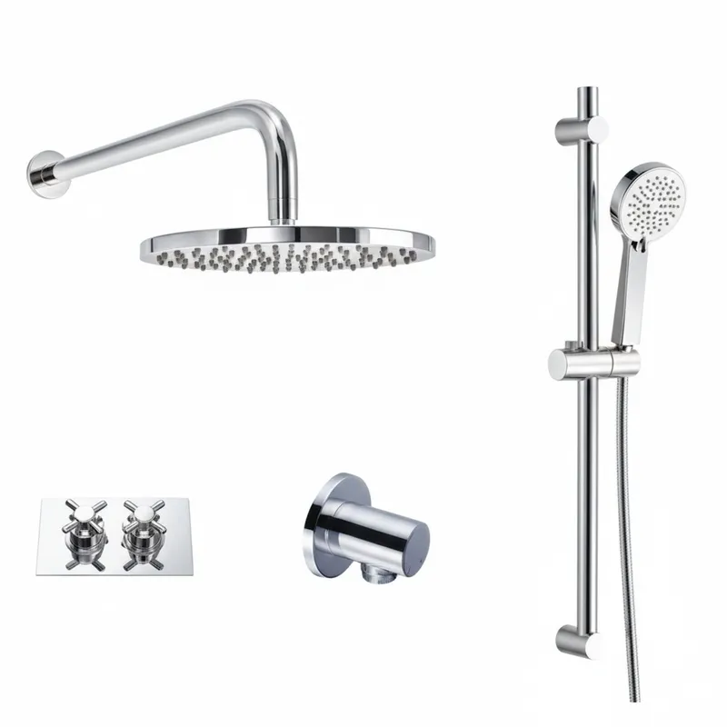 Thermostatic concealed Chrome Plated shower valve Two Cross Head 2 Outlets, Round Overhead shower with Luxury slide rail kit adjustable in Chrome