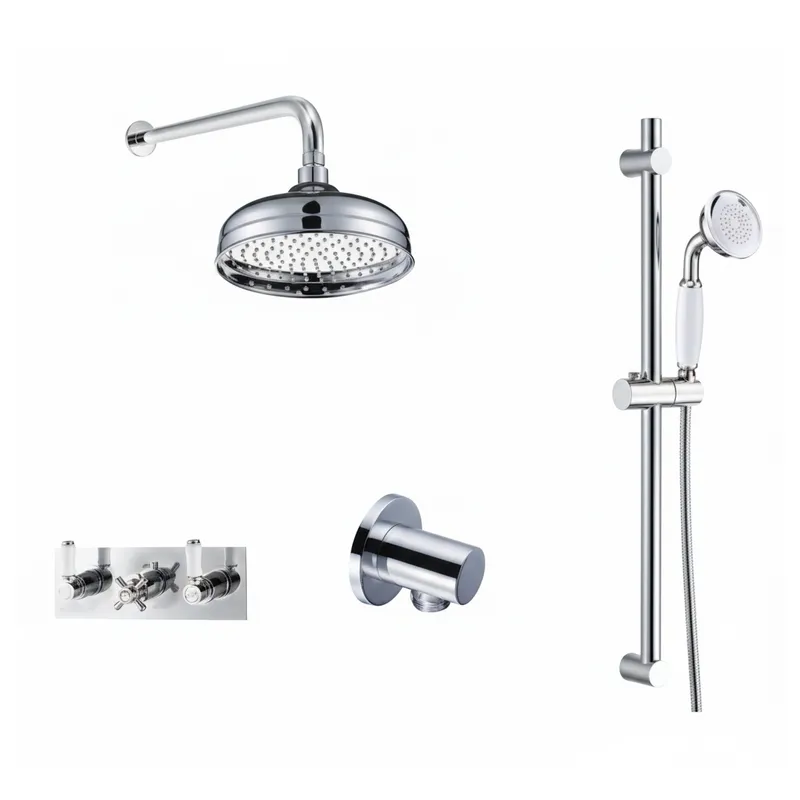 Thermostatic concealed Chrome Plated shower valve Two Handle & one Cross Head 2 Outlets, Overhead shower Slide rail kit, Water outlet elbow in Chrome