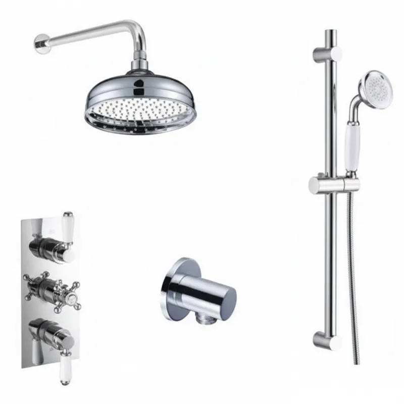 Thermostatic concealed Chrome Plated shower valve Two Handle & one Cross Head 2 Outlets, Overhead shower, Wall shower arm, Slide rail kit,outlet elbow in Chrome