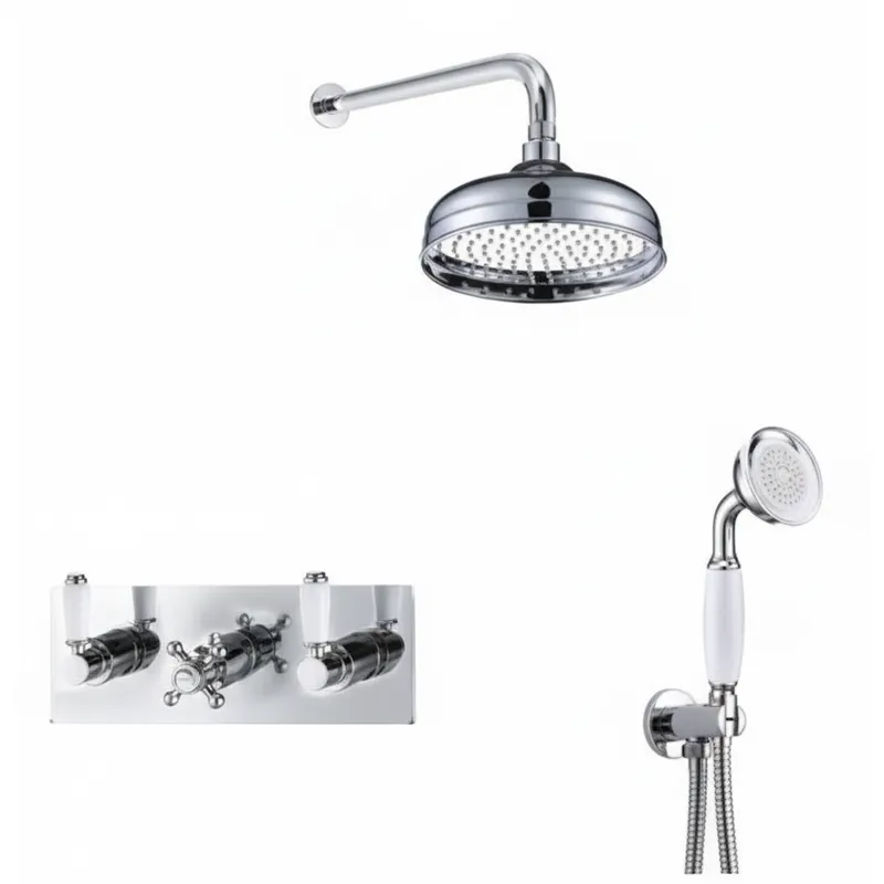 Thermostatic concealed Chrome Plated shower valve Two Handle & one Cross Head 2 Outlets, Overhead shower, Wall shower arm , Wall shower ar & hand shower and hose in Chrome