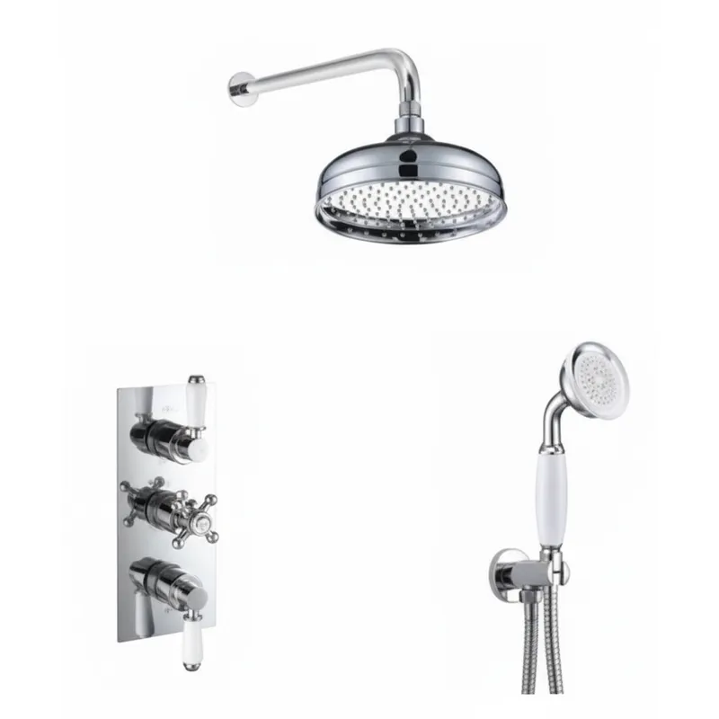 Thermostatic concealed Chrome Plated shower valve Two Handle & one Cross Head 2 Outlets, Overhead shower, Water outlet with shower bracket in Chrome
