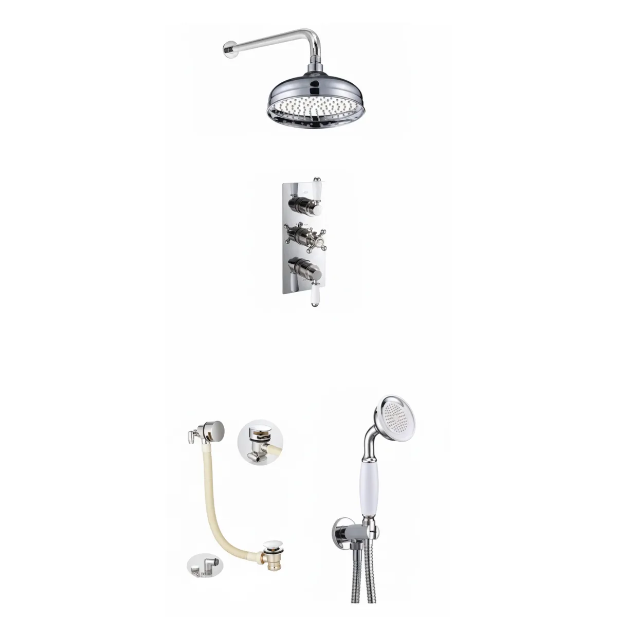 Thermostatic concealed Chrome Plated shower valve Two Handle & one Cross Head 3 Outlets, Overhead shower, Slimline Bath filler with clicker waste in Chrome