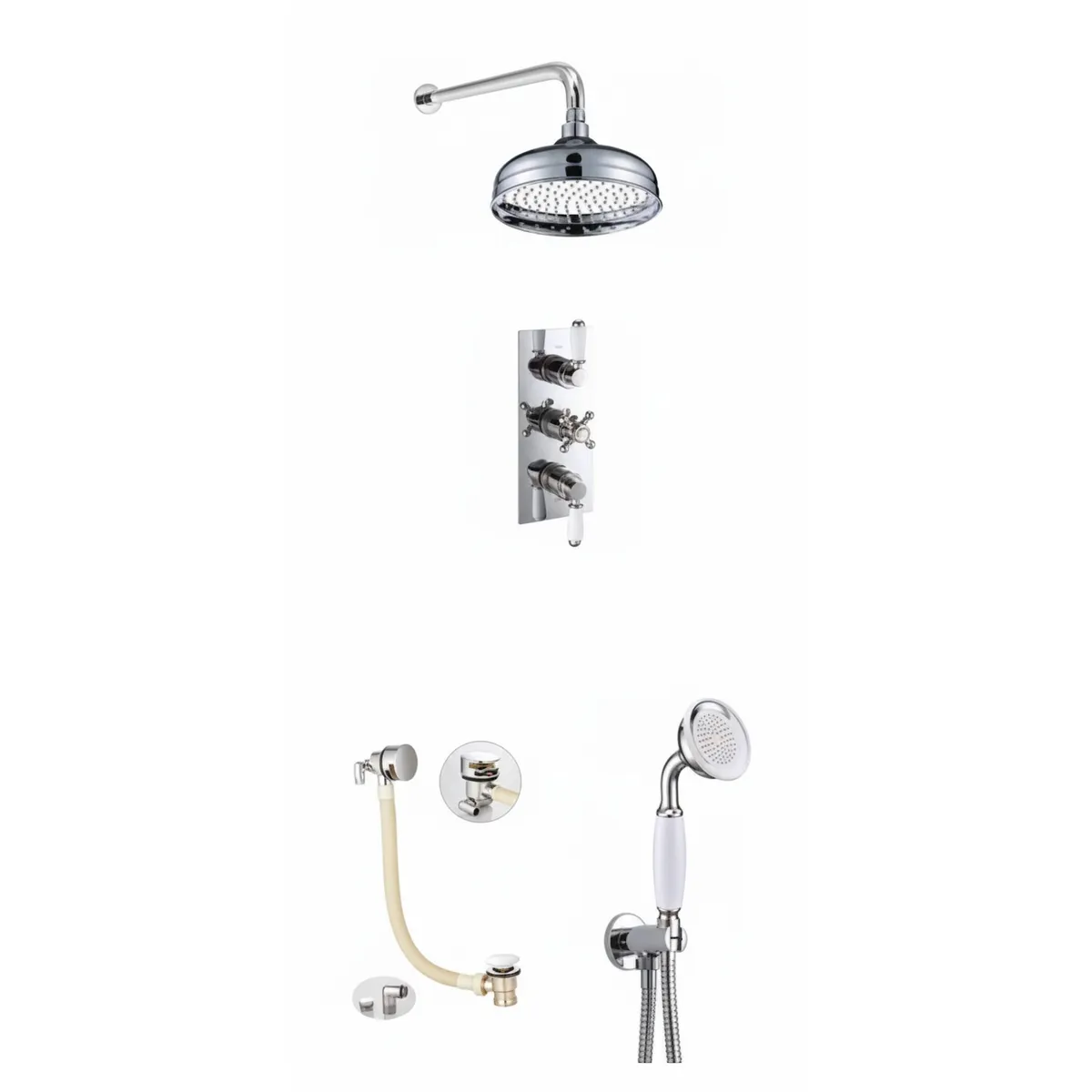 Thermostatic concealed Chrome Plated shower valve Two Handle & one Cross Head 3 Outlets, Overhead shower with Slimline Bath filler in Chrome