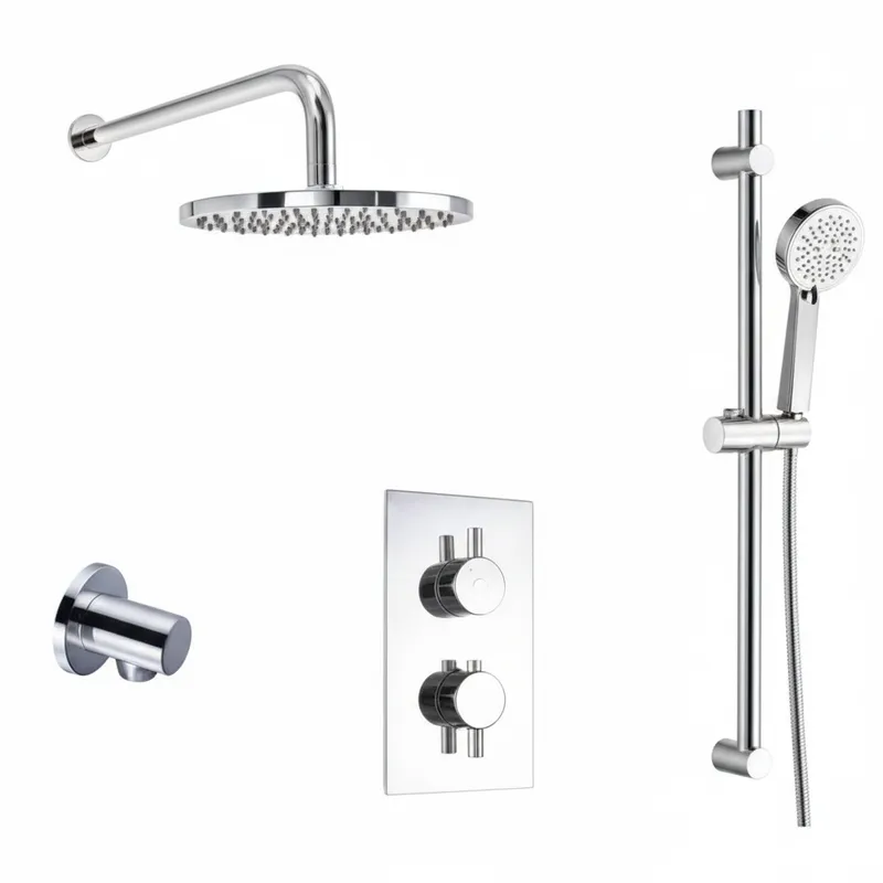 Thermostatic concealed Chrome Plated shower valve Two Knobs 2 Outlets, Overhead shower, Luxury slide rail kit, outlet elbow, shower arm in Chrome