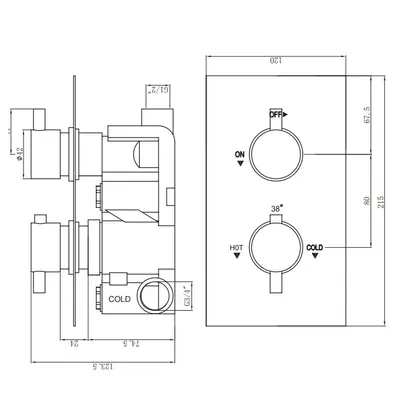 Technical drawing for Thermostatic concealed Chrome Plated shower valve Two Knobs 2 Outlets, Overhead shower, Luxury slide rail kit, outlet elbow, shower arm