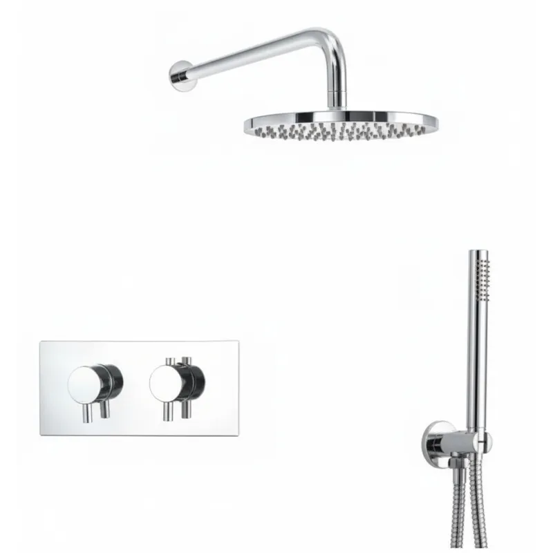 Thermostatic concealed Chrome Plated shower valve Two Knobs 2 Outlets, Overhead shower, shower arm, outlet with, hand shower and hose in Chrome