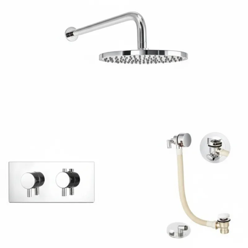 Thermostatic concealed Chrome Plated shower valve Two Knobs 2 Outlets, Overhead shower, shower arm, Slimline Bath filler with clicker waste in Chrome