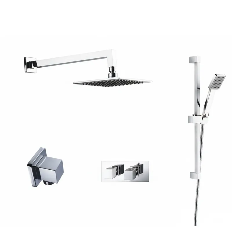 Thermostatic concealed Chrome Plated shower valve Two Knobs 2 Outlets, Overhead shower, Slide rail kit, Water outlet elbow in Chrome