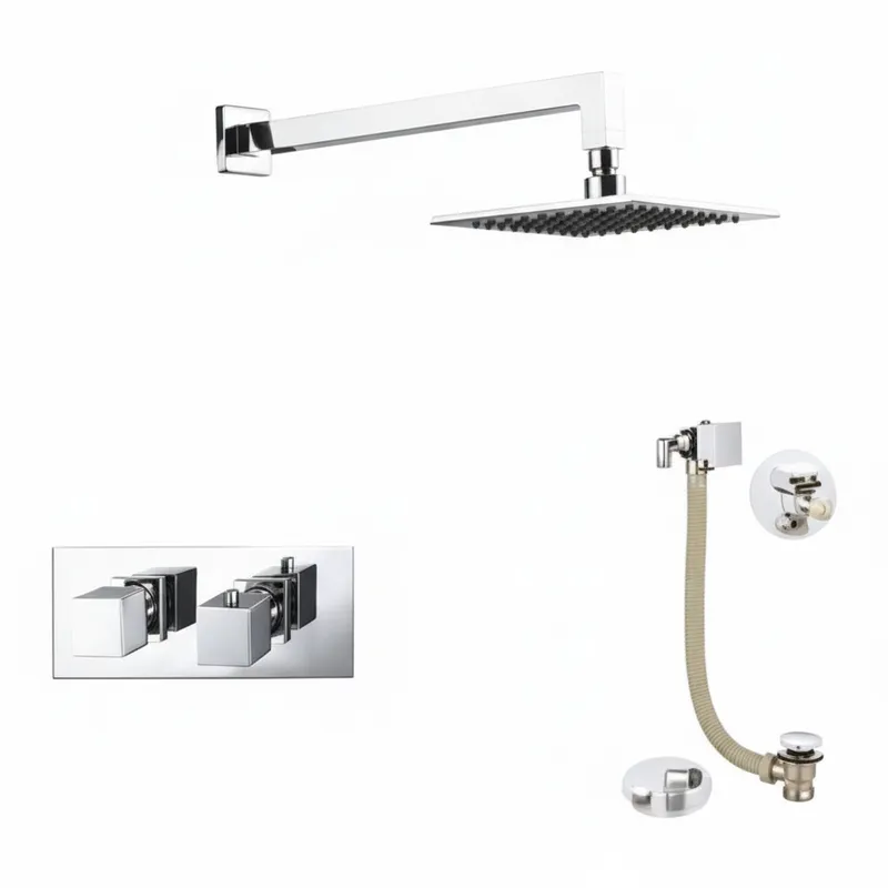 Thermostatic concealed Chrome Plated shower valve Two Knobs 2 Outlets, Overhead shower, Wall shower arm, Bath filler with clicker waste in Chrome
