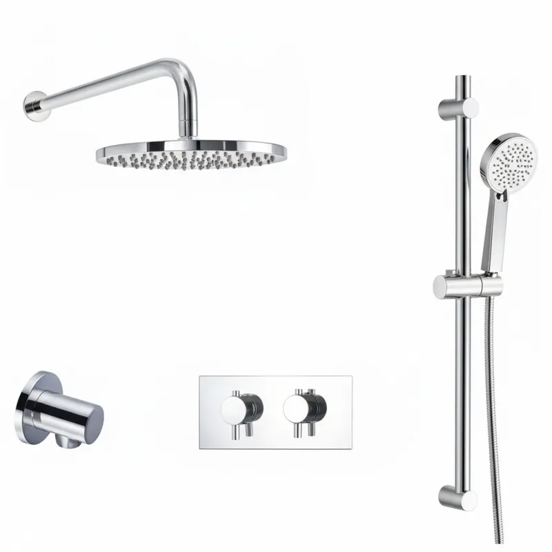 Thermostatic concealed Chrome Plated shower valve Two Knobs 2 Outlets, Overhead shower , Wall shower arm , Luxury slide rail kit adjustable, outlet elbow in Chrome