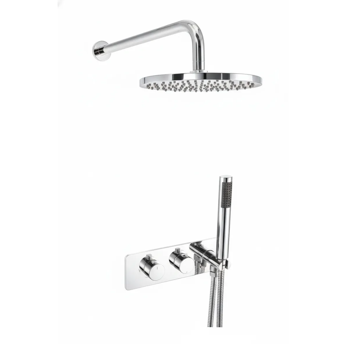 Thermostatic concealed Chrome Plated shower valve Two Knobs 2 Outlets, Overhead shower, Wall shower arm in Chrome