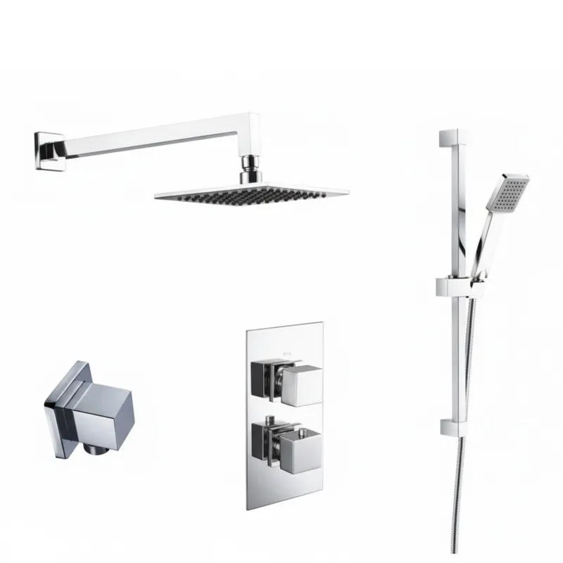 Thermostatic concealed Chrome Plated shower valve Two Knobs 2 Outlets, Overhead shower, Wall shower arm, Slide rail kit, Water outlet elbow in Chrome