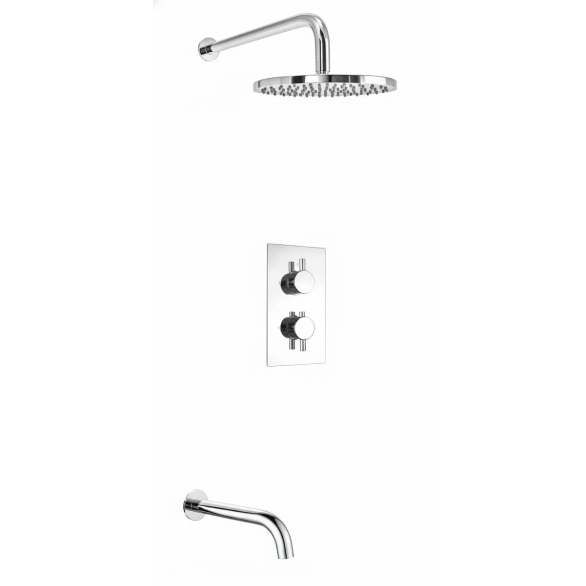Thermostatic concealed Chrome Plated shower valve Two Knobs 2 Outlets, Overhead shower, Wall shower arm , Spout in Chrome