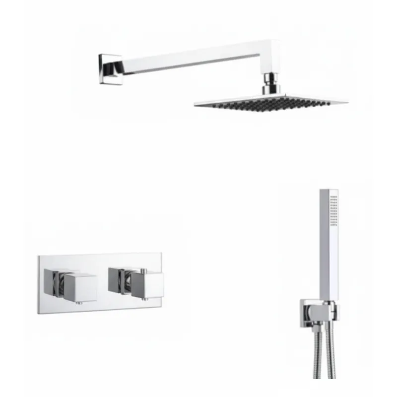 Thermostatic concealed Chrome Plated shower valve Two Knobs 2 Outlets, Overhead shower , Wall shower arm, Water outlet with shower bracket, hand shower in Chrome