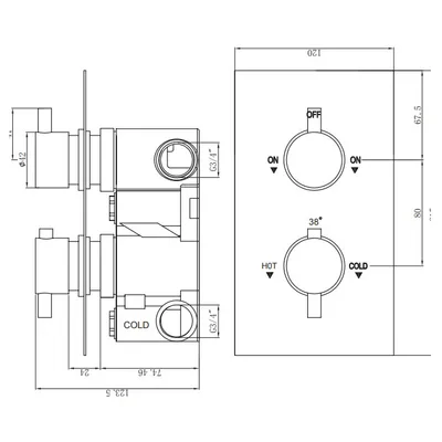 Technical drawing for Thermostatic concealed Chrome Plated shower valve Two Knobs 2 Outlets, Overhead shower , Wall shower arm, Water outlet with shower bracket, hand shower