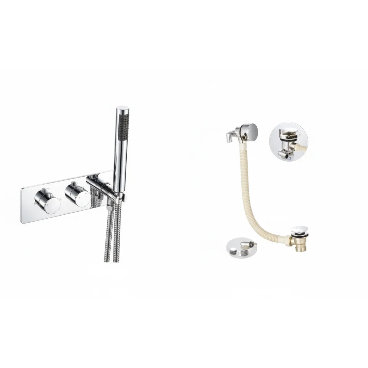 Thermostatic concealed Chrome Plated shower valve Two Knobs 2 Outlets, Slimline bath filler with clicker waste in Chrome