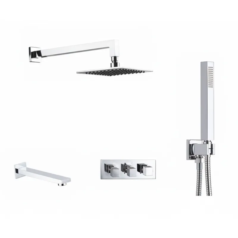 Thermostatic concealed shower valve Three Knobs 3 Outlets, Overhead shower 200X200mm, Wall shower arm 400mm, Spout 200mm, Water outlet with shower bracket, hand shower and hose in Chrome