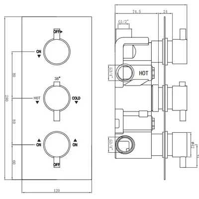 Technical drawing for Thermostatic concealed shower valve Three Knobs 3 Outlets, Overhead shower 200X200mm, Wall shower arm 400mm, Spout 200mm, Water outlet with shower bracket, hand shower and hose
