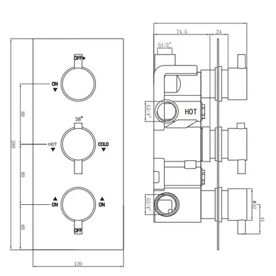 Technical drawing for Traditional Thermostatic Concealed Shower Mixer Three Outlet handle & Two Knobs Chrome Plated
