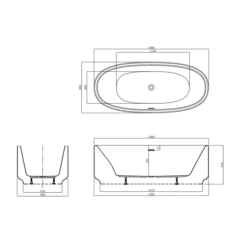 Technical drawing for VIC White Free Standing Bathtub 1800x800mm